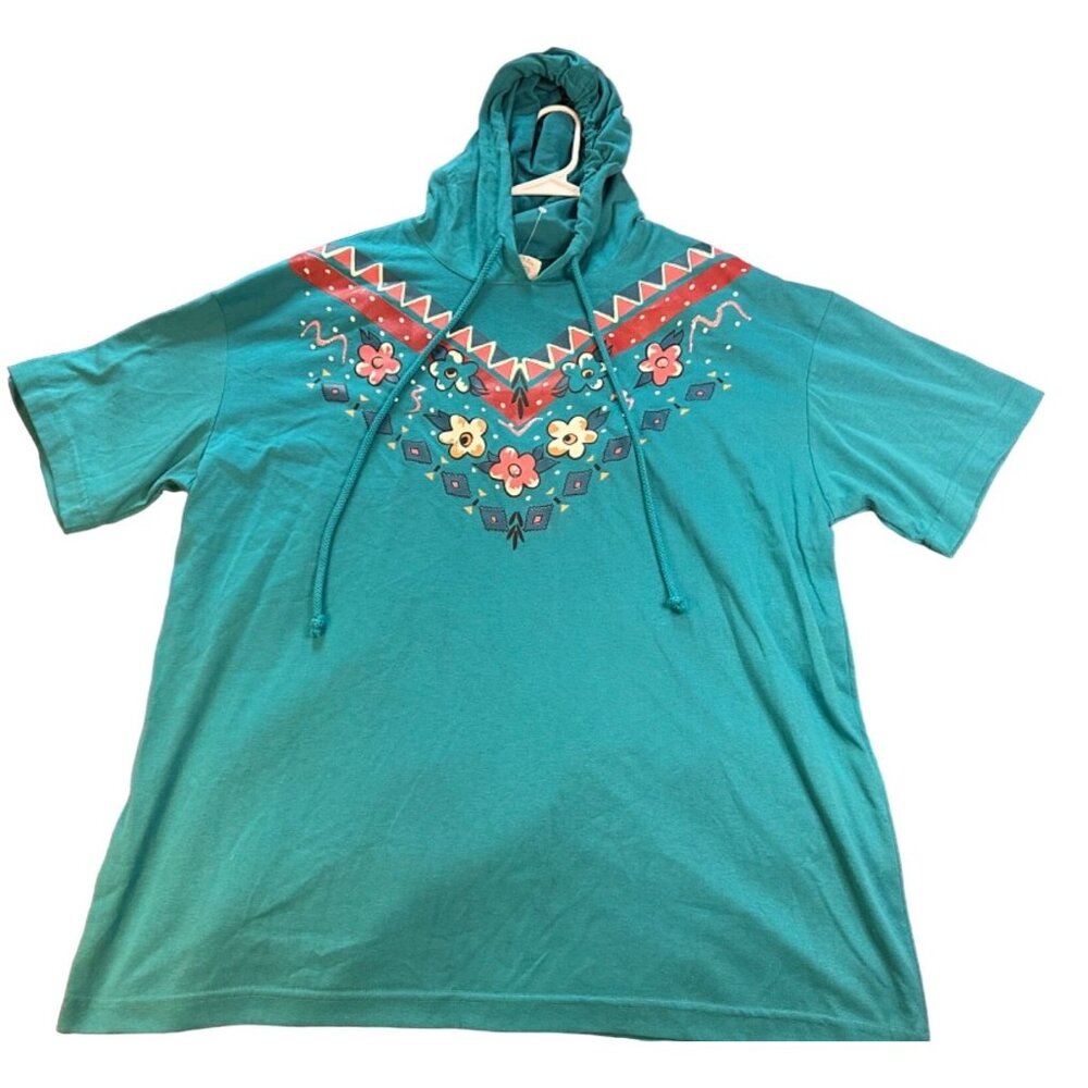 Vintage 90s No Boundaries Teal Short Sleeve Floral Hooded Shirt Size 22W